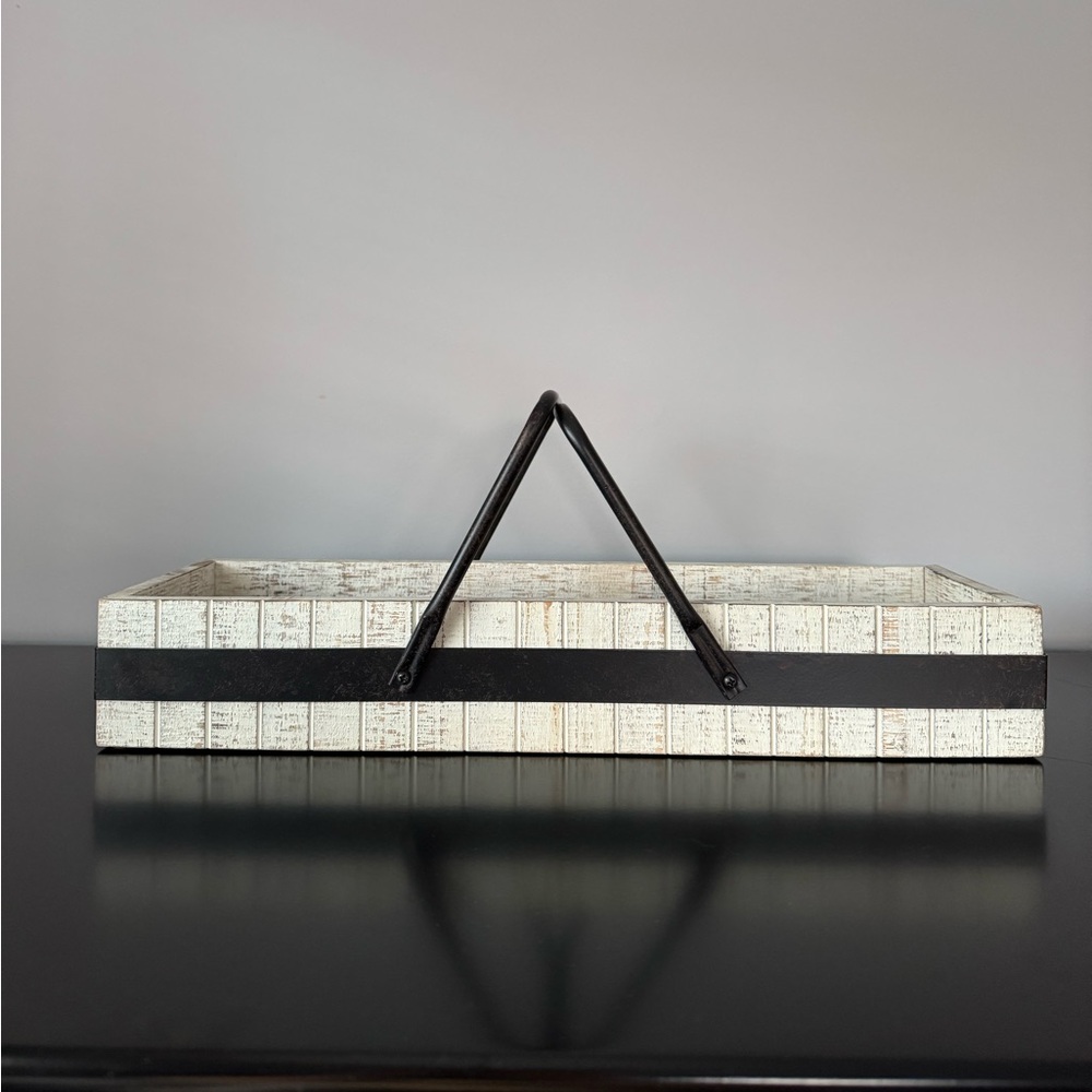 🆕 Pier 1 - White Wooden Tray with Black metal handles